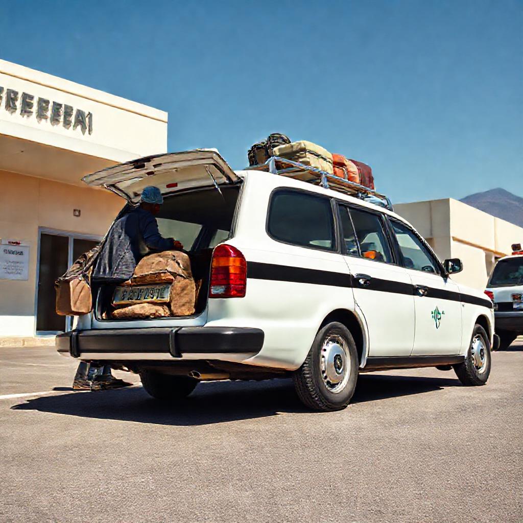 White Grand Taxi with black stripe waiting at Fes Saiss Airport, ready to provide a direct and convenient transfer for passengers traveling from the fes airport to city center hotels or the Medina.