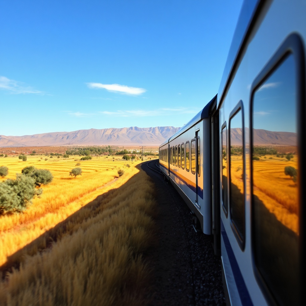 Fez to Marrakech train crossing scenic Moroccan countryside with Atlas Mountains in background