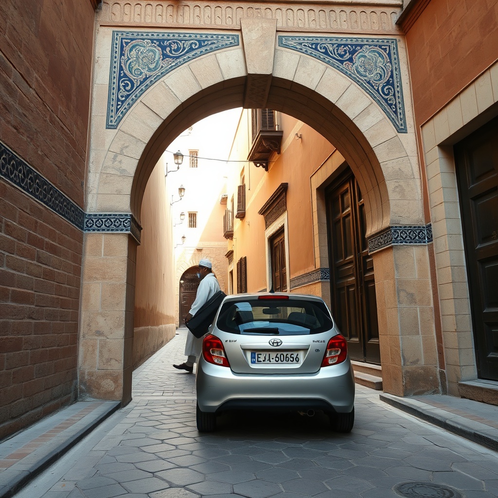 A compact car blocked by a stone archway highlights another frequent Fez airport transfer mistake, showing why visitors must arrange porter assistance for car-free medina access.