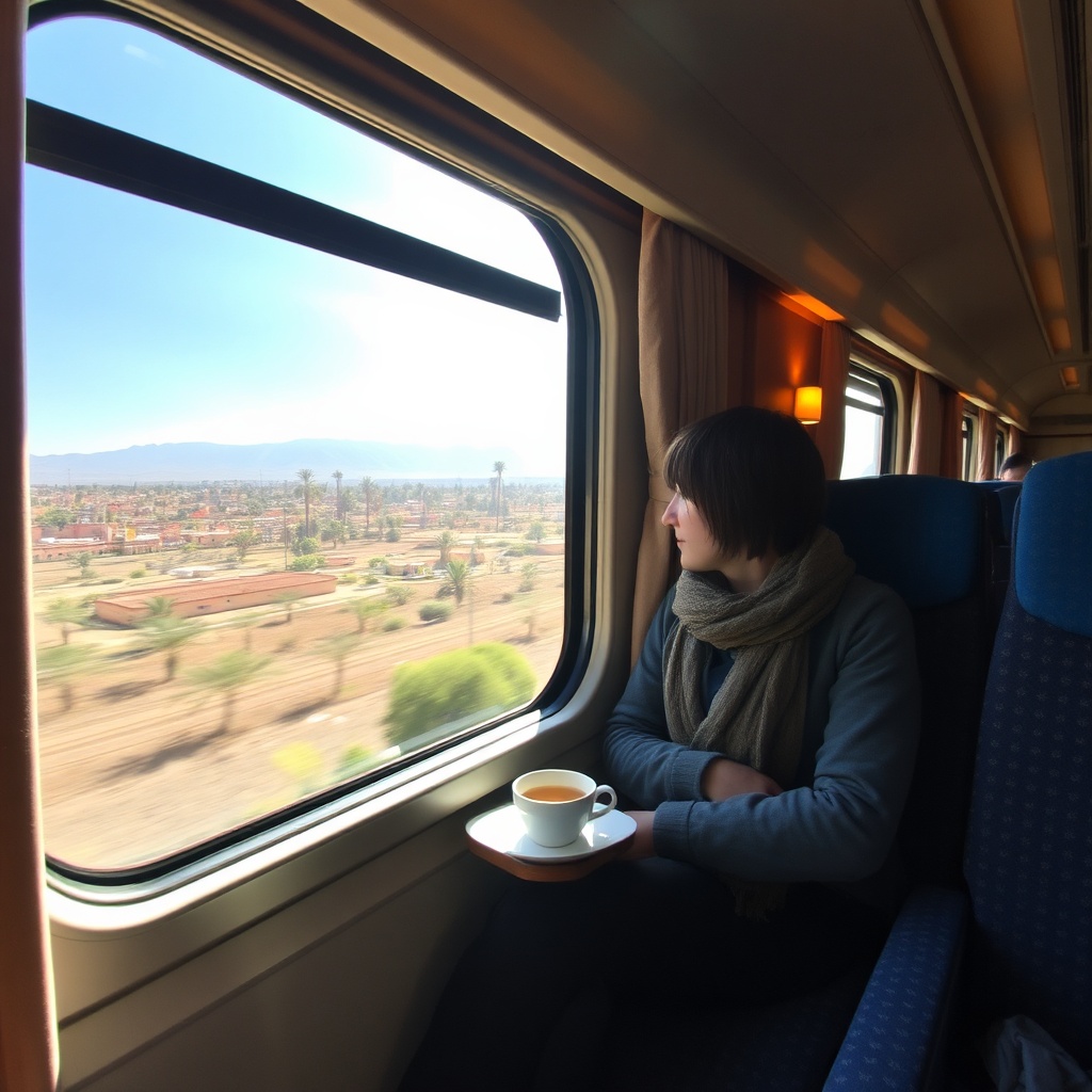 Comfortable interior of the Fez to Marrakech train with scenic view from window
