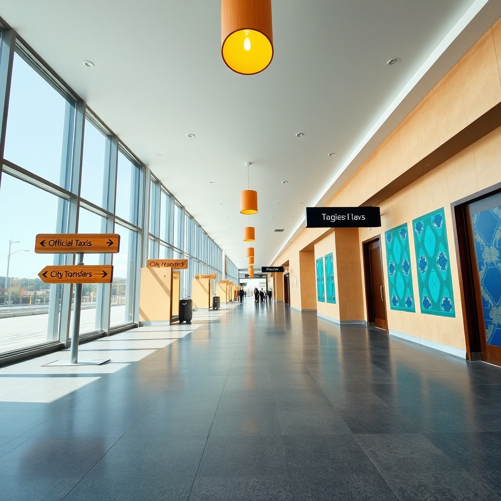 Interior perspective of the Fez airport arrivals area, featuring intuitive directional signage for taxis and currency exchange, designed to help travelers navigate efficiently as highlighted in this Fez airport guide.