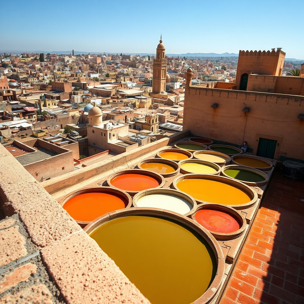 Panoramic view from a terrace overlooking the colorful dye vats of Chouara Tannery in Fez Morocco, illustrating the recommended vantage points and cultural highlights recommended in this comprehensive Fez Morocco travel guide.