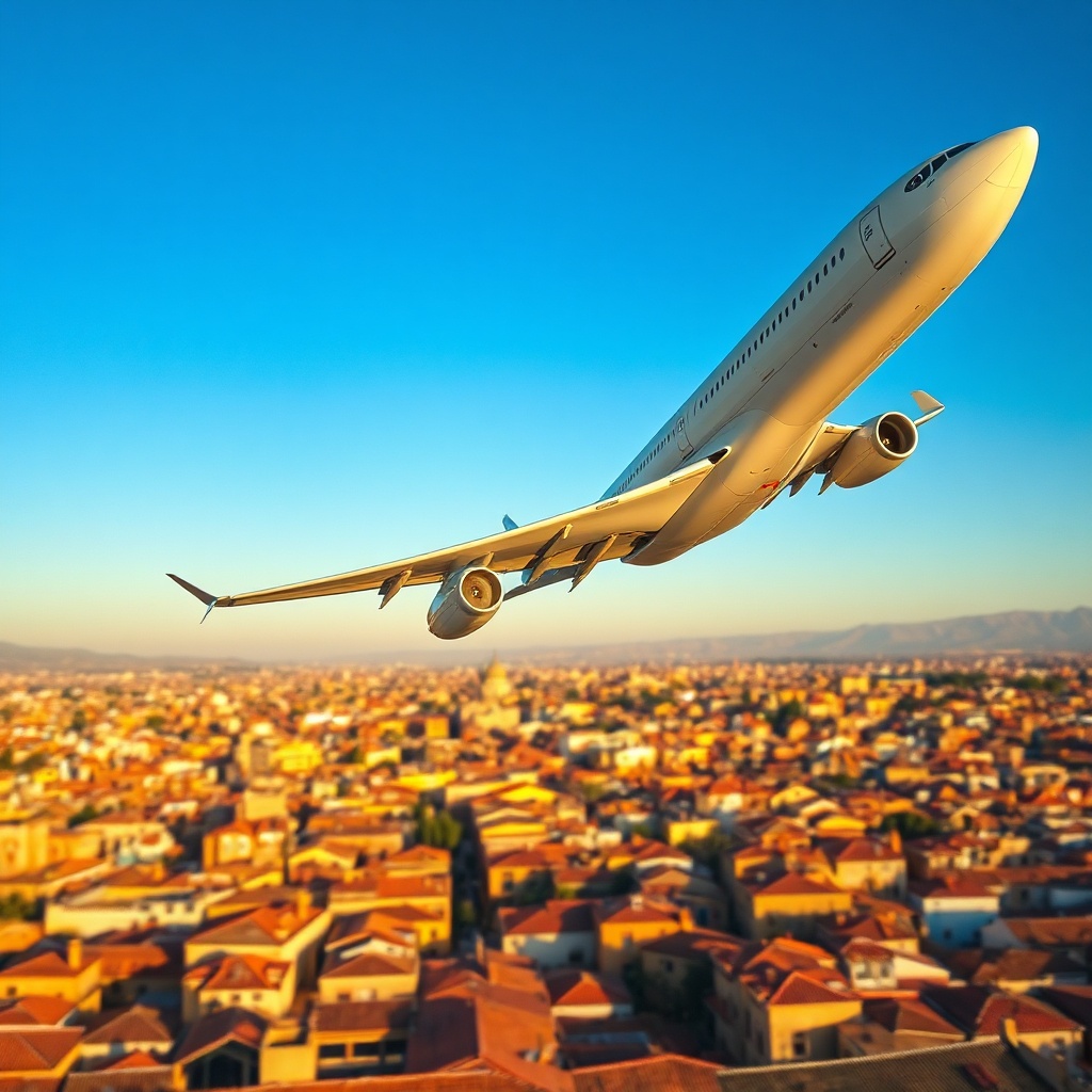 A passenger airplane climbing into the sky above Fez, illustrating the network of direct and connecting flights from Fes to European destinations.