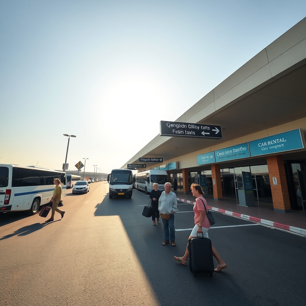 Passengers accessing various ground transport options at Fes Saiss Airport, including licensed taxis, shuttles, and rental car services near the terminal exit.