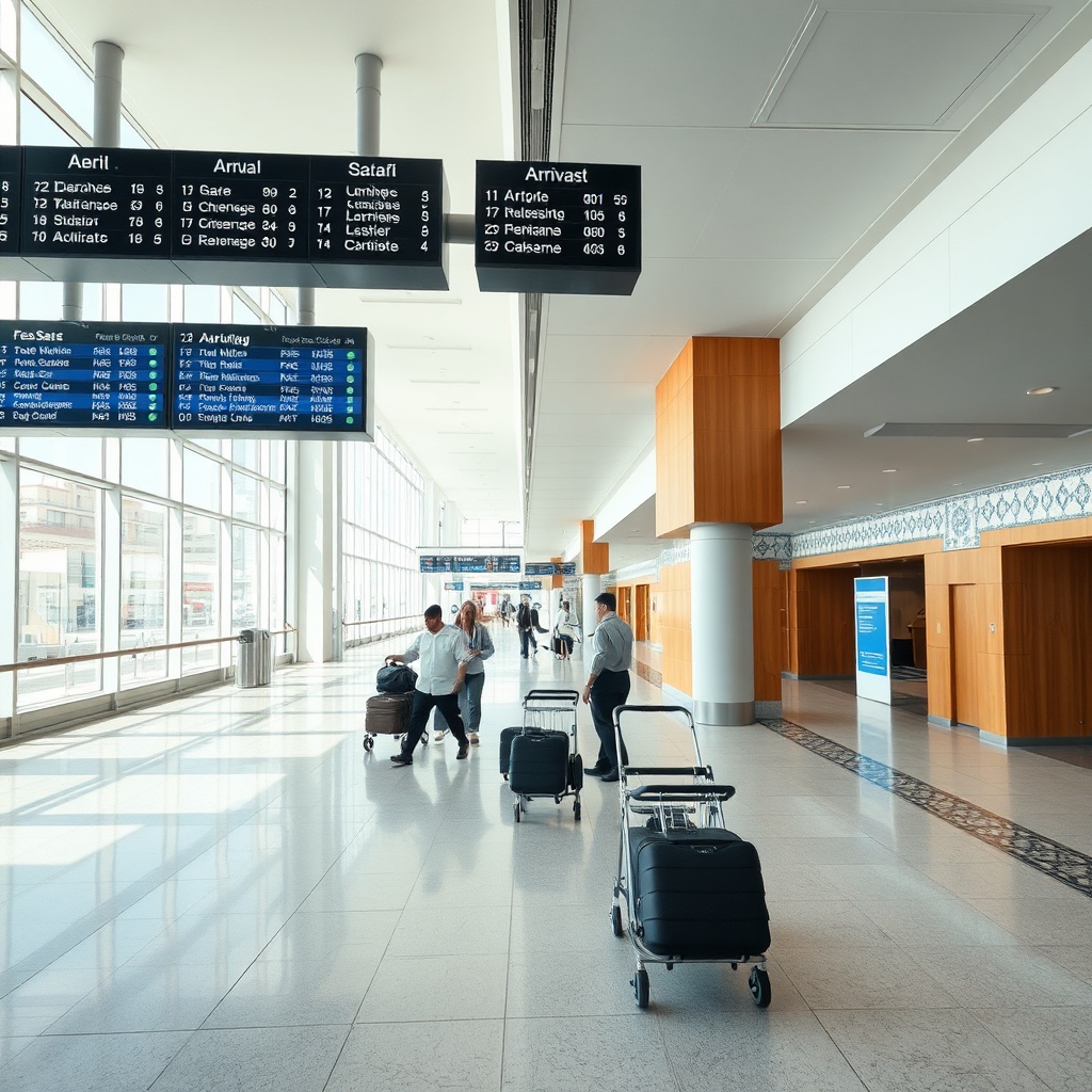 Inside مطار Fez arrivals terminal featuring bilingual signage, baggage claim area, and efficient passenger flow for Fez airport visitors