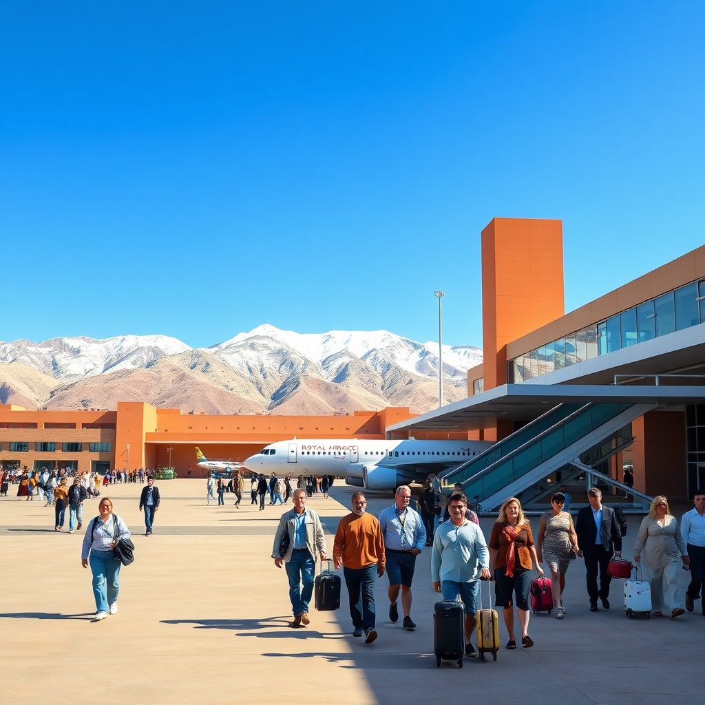 Travelers arriving at Marrakech Menara Airport with the Atlas Mountains in view, highlighting a premier aeroport maroc gateway for north african tourism and seamless air connectivity.