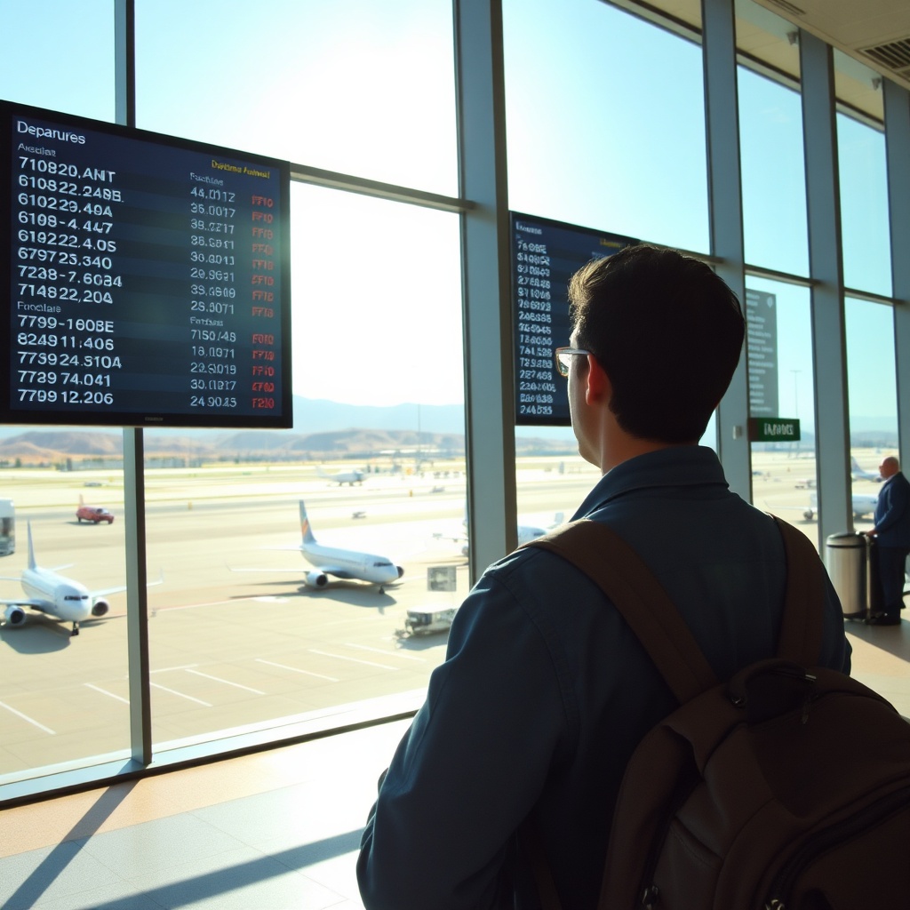 A traveler checking the departure schedule for seasonal flights from Fes at the modern terminal of Fez Saiss Airport.