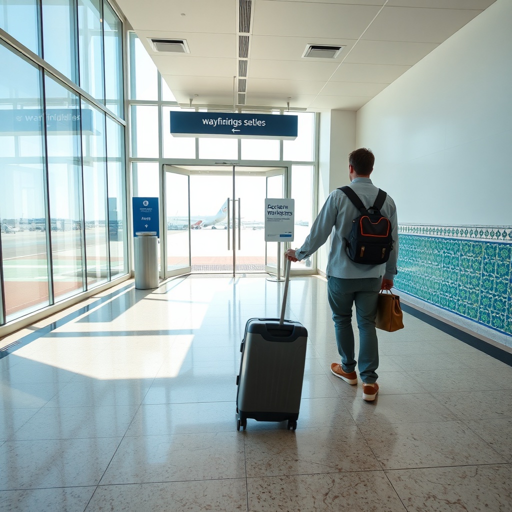 Traveler exiting the modern Fes Saïss Airport terminal after booking direct flights to fes, highlighting the quick transfer to the city’s famous tanneries and historic gates.