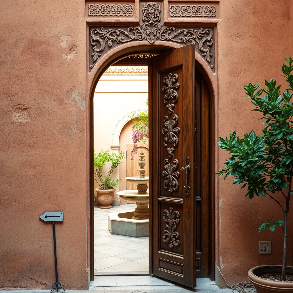 Ornate riad door in Fez medina marking the destination, demonstrating how to locate accommodation during aankomst fez and avoid common Moroccan travel pitfalls.