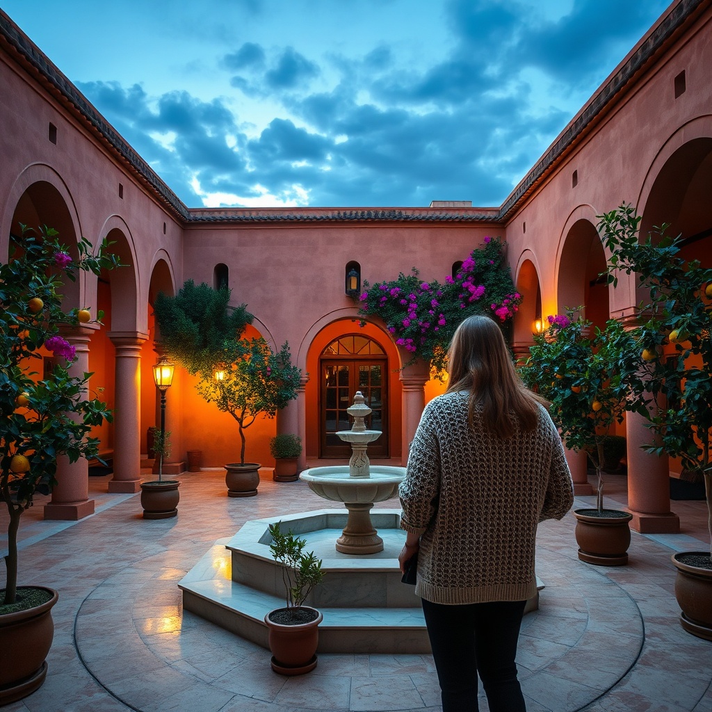 Travelers adjusting to the cooling evening air, showcasing how the distinctive weather in Fes Morocco requires packing layers for rapid temperature shifts.