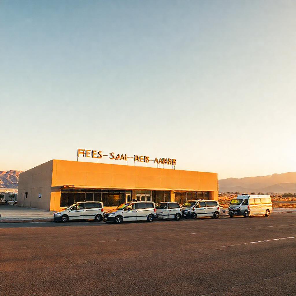 Sunlit exterior view of fes aeroporto showcasing the compact single-terminal structure and organized ground transport options at Fès–Saïss Airport in Morocco.