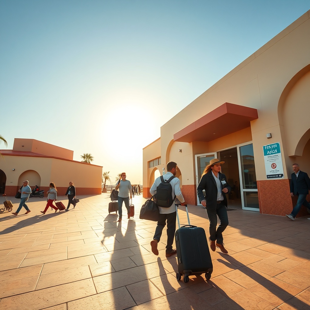 Travelers completing their arrivee aeroport fes journey as they exit the compact Fès–Saïss Airport terminal toward waiting official taxis in a sunlit arrivals plaza.