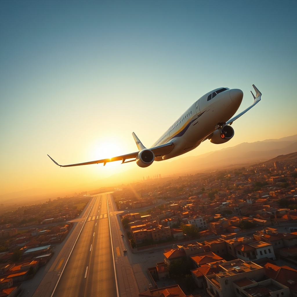 Commercial aircraft approaching Fes Saïss Airport runway, illustrating the streamlined convenience of direct flights to fes for travelers connecting from European hubs to Morocco’s cultural capital.