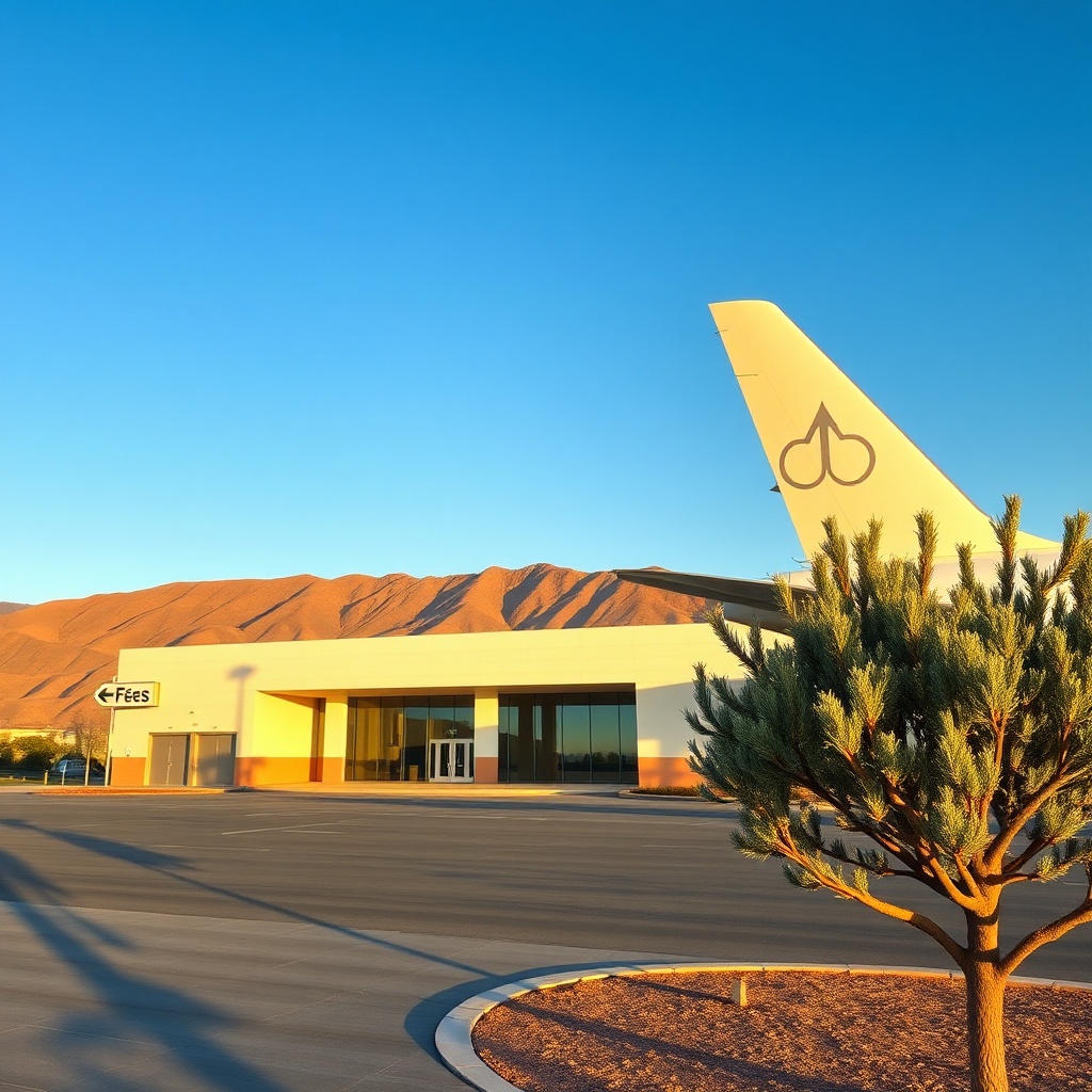 Exterior view of fes aeroporto terminal nestled near the Middle Atlas mountains, showcasing the main entrance and modern architecture that serves as the primary gateway to the historic city of Fez.