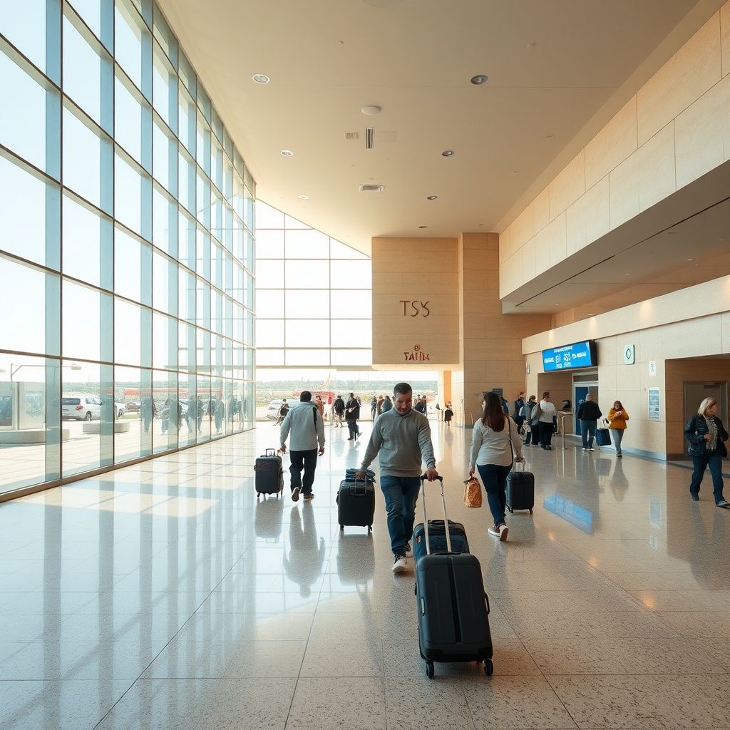 Bright interior corridor inside fes aeroporto featuring efficient passenger flow and direct access to taxis, private transfers, and car rentals at the FEZ terminal.