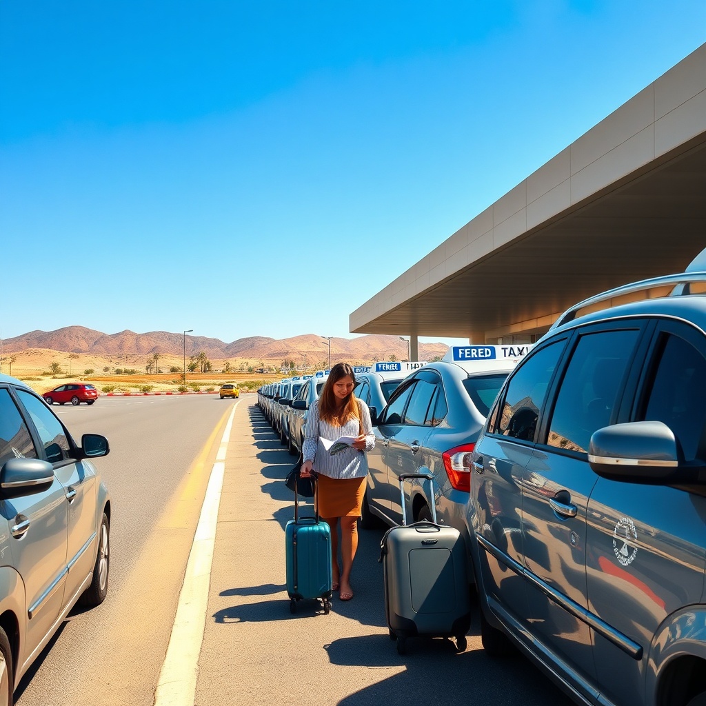 The official transport queue at arrivee aeroport fes, featuring licensed metered taxis ready to drive travelers safely to the historic Fez Medina.