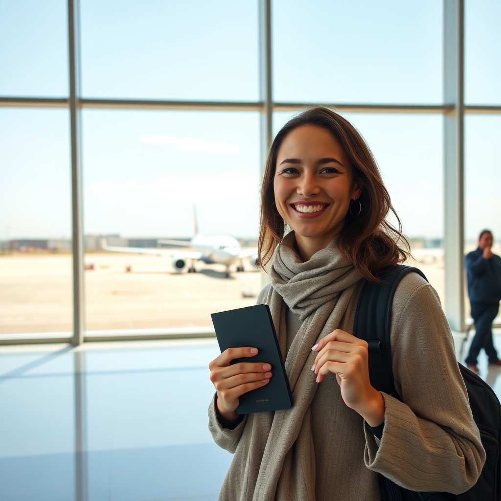 Happy traveler checking mobile boarding passes in a modern terminal, showcasing smart booking tips and reliable airline options for flights from Fes to Western Europe.
