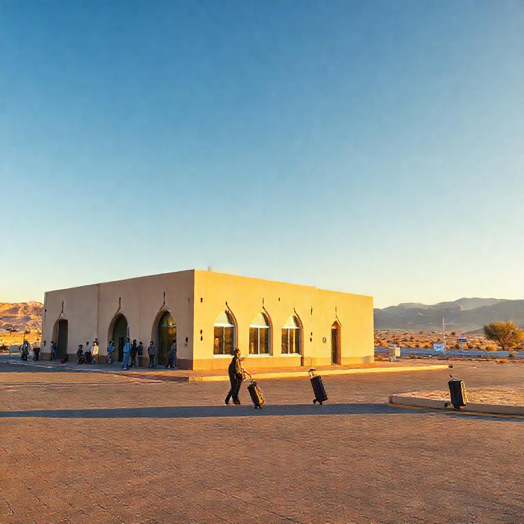 Exterior view of Fes Saiss Airport highlighting its compact single terminal building against the Middle Atlas foothills, with travelers and vehicles at the arrival curb.