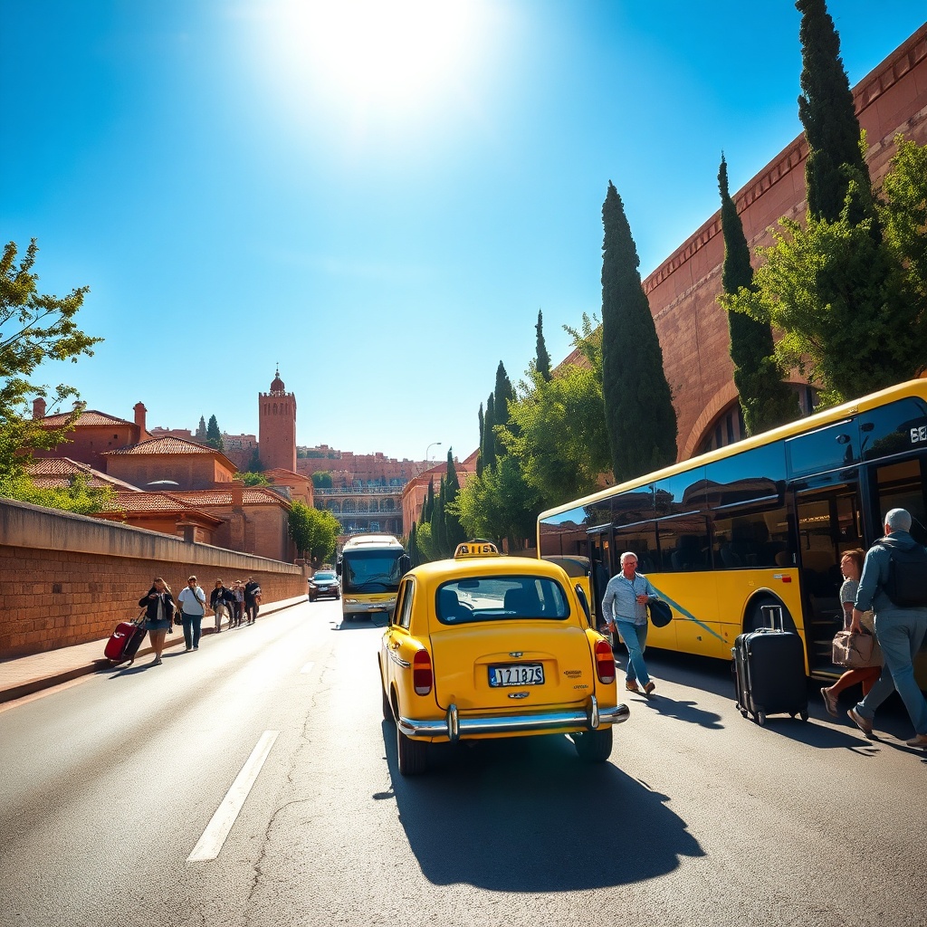 Seamless vertrek fez transport options featuring a scenic route from Fez medina to departure hubs with taxis and buses ready for onward travel connections.