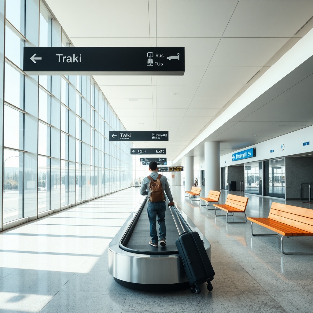 Navigate a smooth arrivee aeroport fes experience inside the well-lit Fès–Saïss Airport arrivals hall with clear signage guiding passengers to ground transportation.