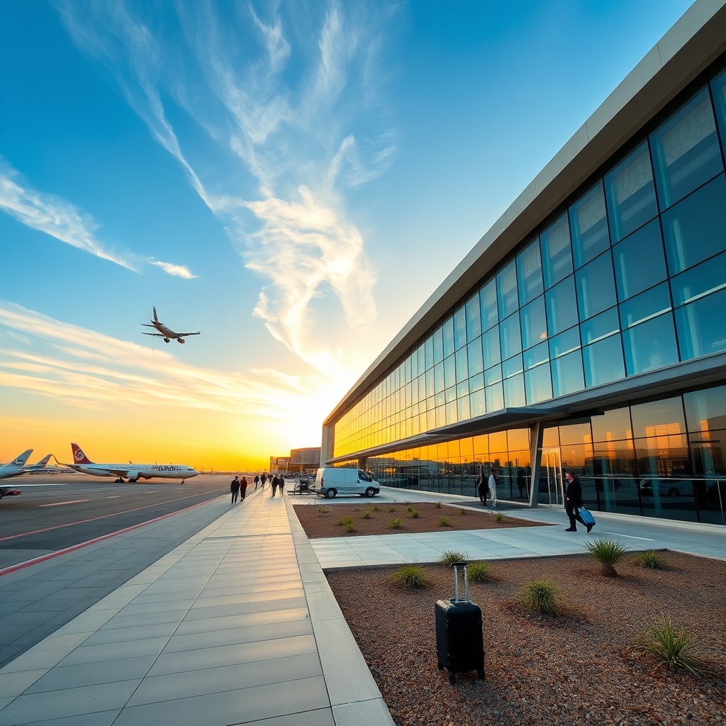 Modern exterior of Casablanca Mohammed V International Airport, showcasing the central hub of aeroport maroc with contemporary glass architecture and traditional Moroccan design accents.