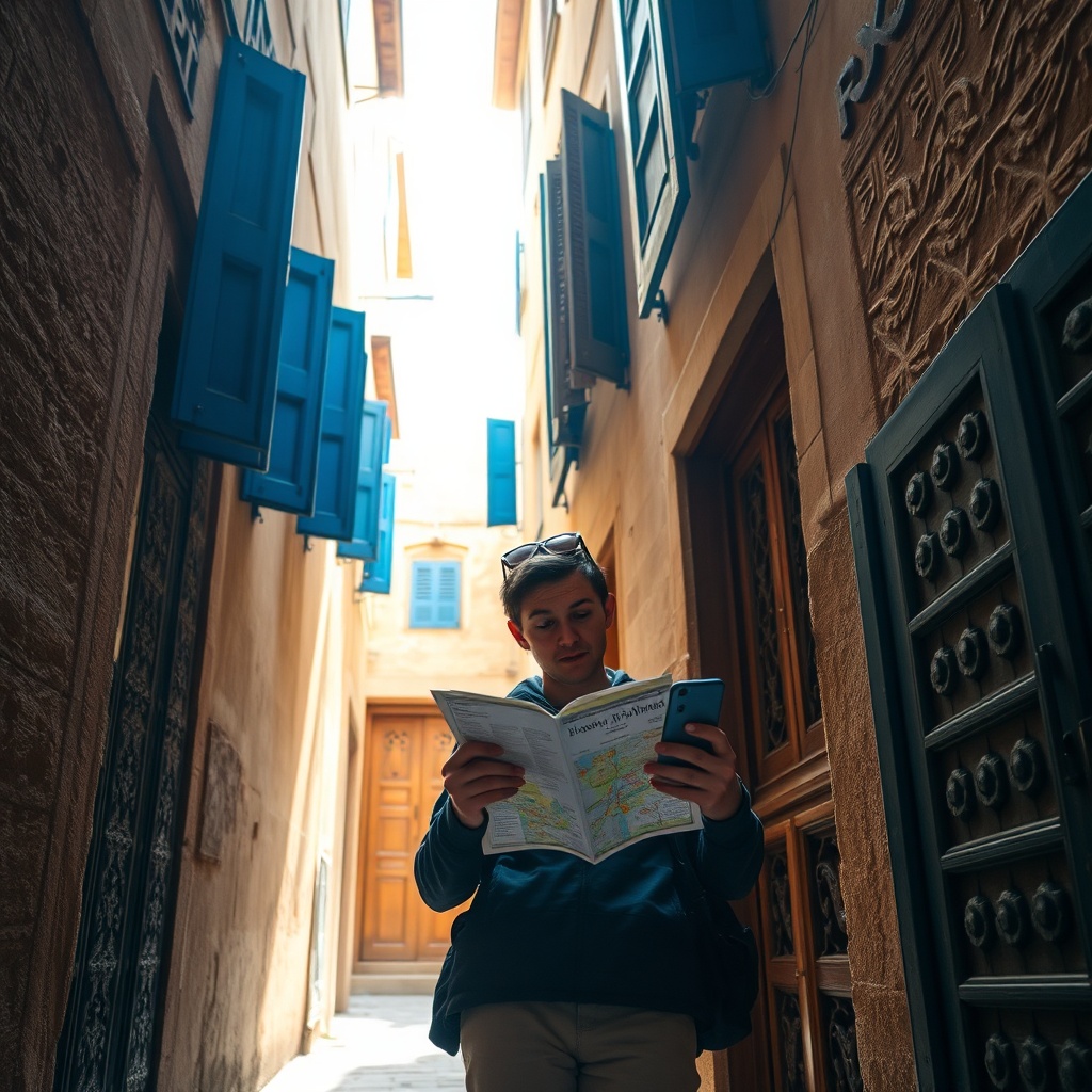 A traveler consulting a map while navigating the maze-like streets of the Fez medina, essential visual guidance for planning aankomst fez and locating a hidden riad.