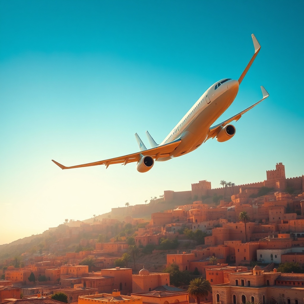 A commercial jet descending over traditional Moroccan architecture toward Fès–Saïss Airport, showcasing convenient direct flights to fes from seasonal European routes.