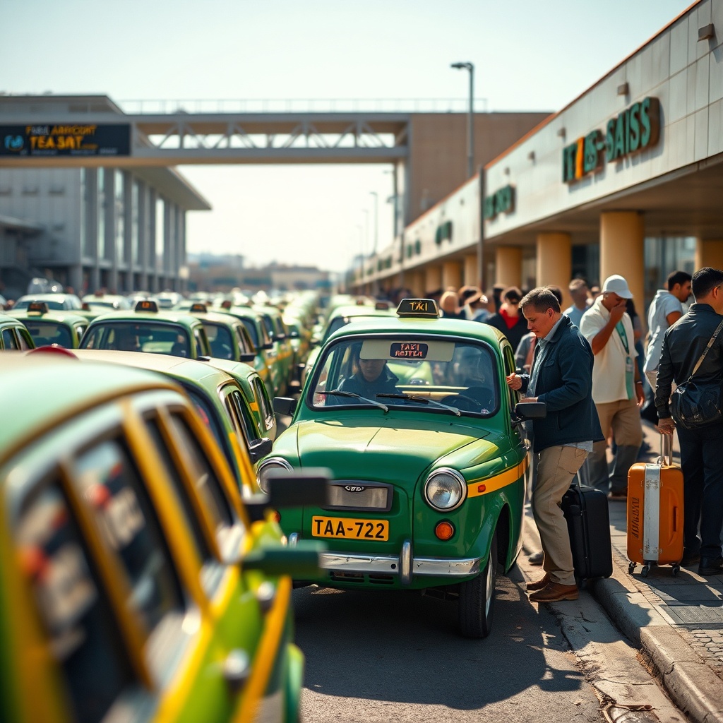 Busy taxi rank at airport fes saiss showcasing reliable ground transport options including traditional green and yellow taxis for convenient transfers to Fès city center and medina.
