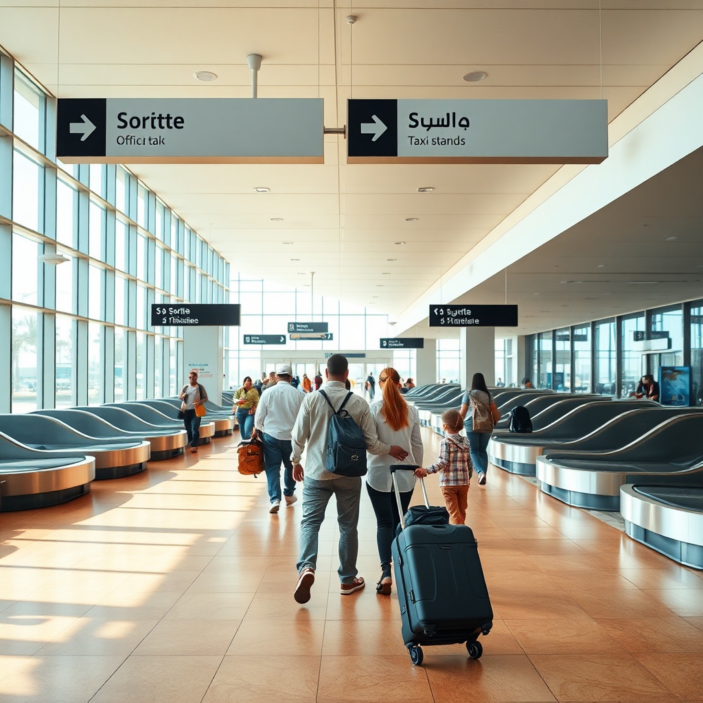 A streamlined arrivee aeroport fes process inside the compact Fes-Saïss terminal, where passengers collect luggage and follow clear French and Arabic directional signs.