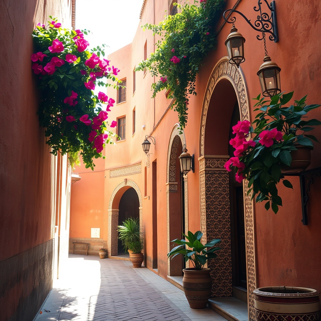 Experience the comfortable seasonal weather in Fes Morocco as golden sunlight highlights the historic medina's terracotta walls and winding cobblestone alleys.