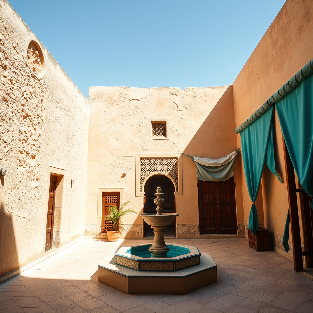 The intense, dry summer weather across Fes Morocco casts long shadows over sun-baked courtyards, highlighting why seasonal planning is essential for visitors.