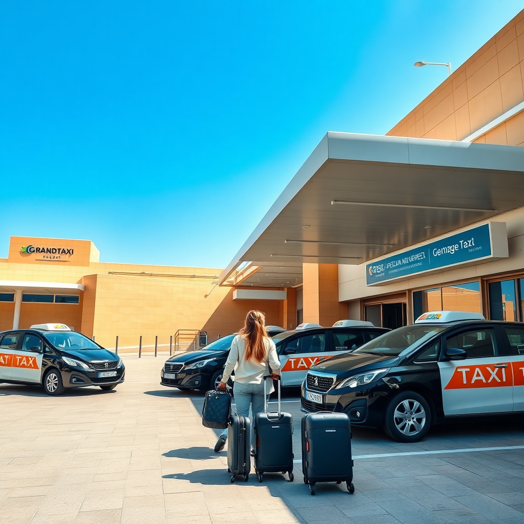 Travelers queuing at the official fes airport taxi stand outside the arrivals terminal for a direct ride to the city
