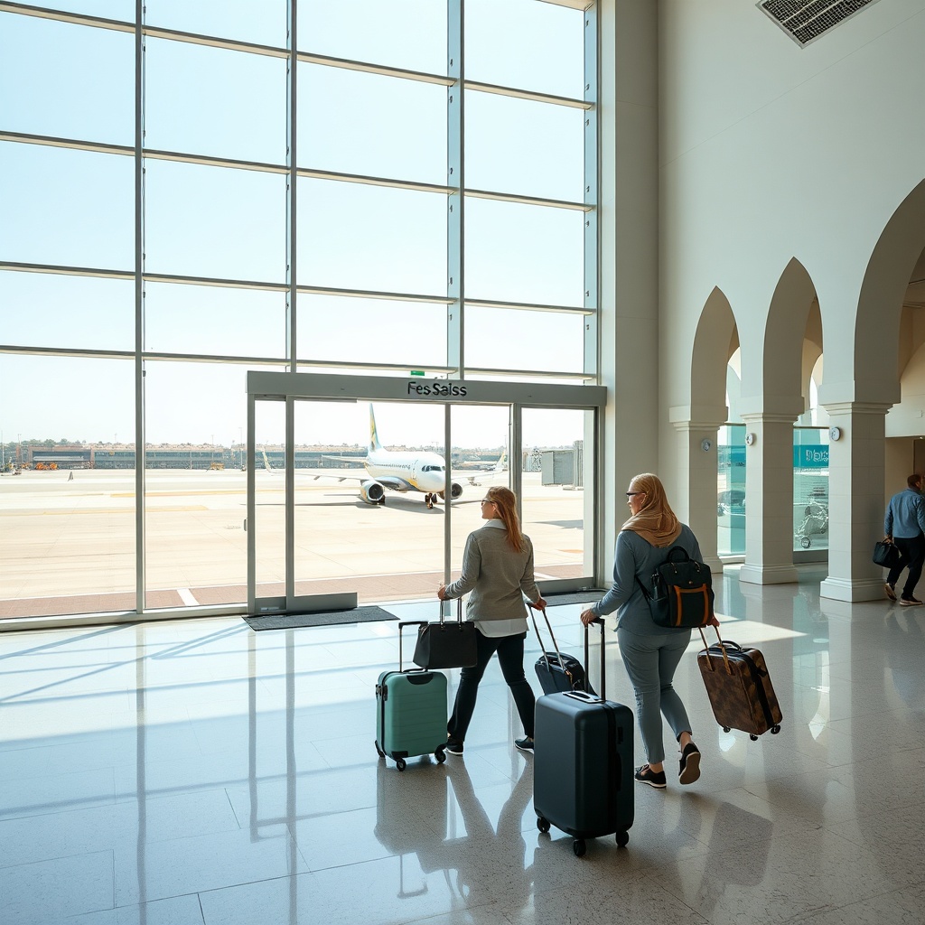 Bright terminal signage at Fès–Saïss Airport guiding passengers past check-in counters and baggage claim, highlighting hassle-free bookings for direct flights to fes.