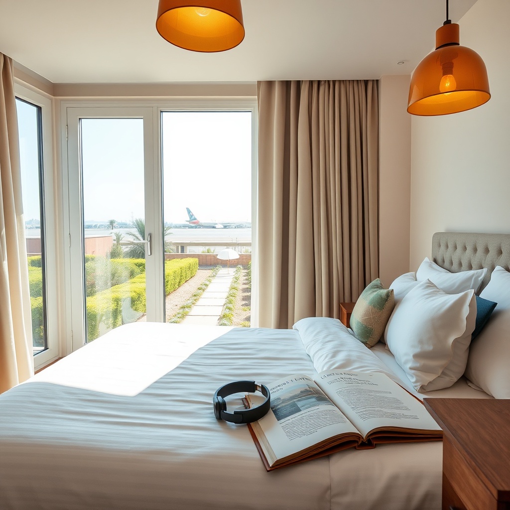 Soundproofed fes airport hotel bedroom with travel maps and comfortable bedding for short layovers and medina tours